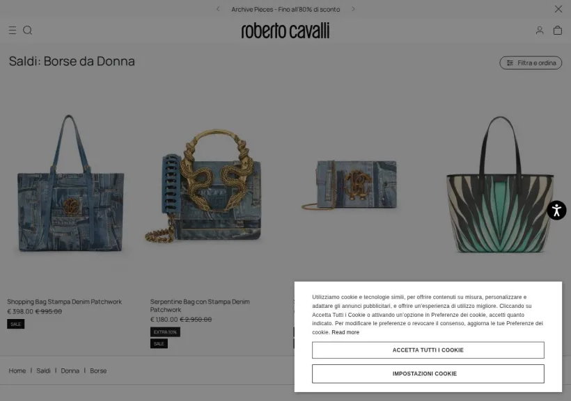 Schermata della pagina offerta di Roberto Cavalli