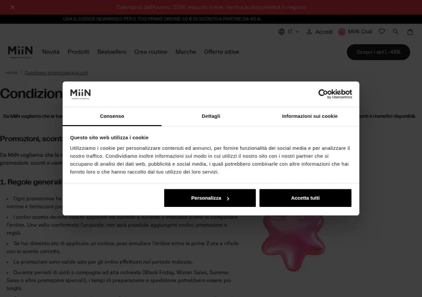 Schermata della pagina offerta di Miin Cosmetics