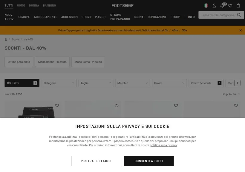 Schermata della pagina offerta di Footshop