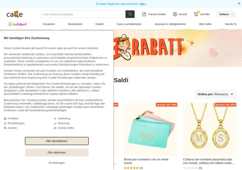 Schermata della pagina offerta di Callie