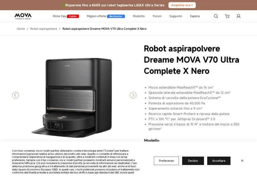 Schermata della pagina offerta di Mova