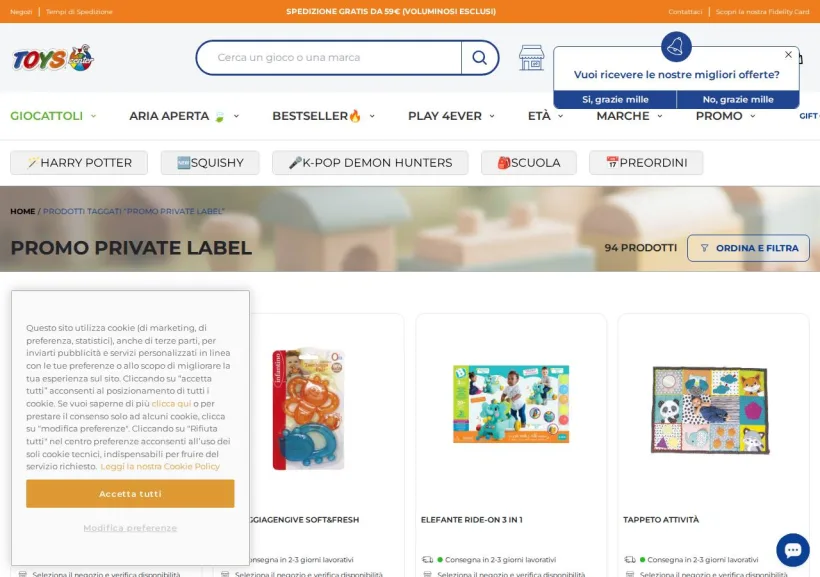 Schermata della pagina offerta di Toys Center