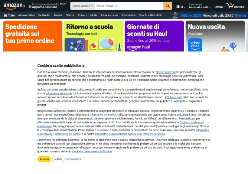 Schermata della pagina offerta di Amazon