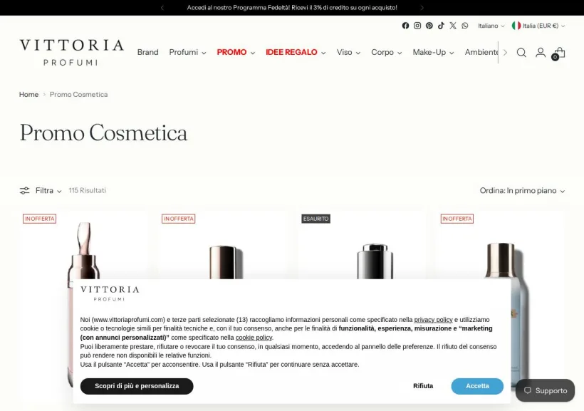 Schermata della pagina offerta di Vittoria Profumi