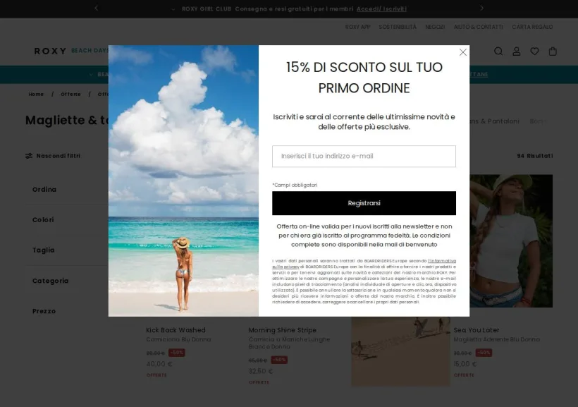 Schermata della pagina offerta di Roxy