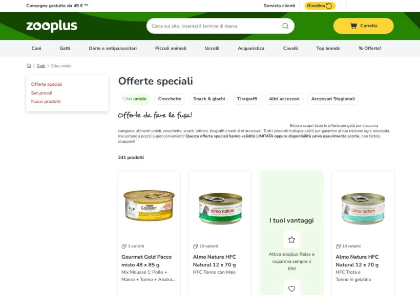 Schermata della pagina offerta di Zooplus