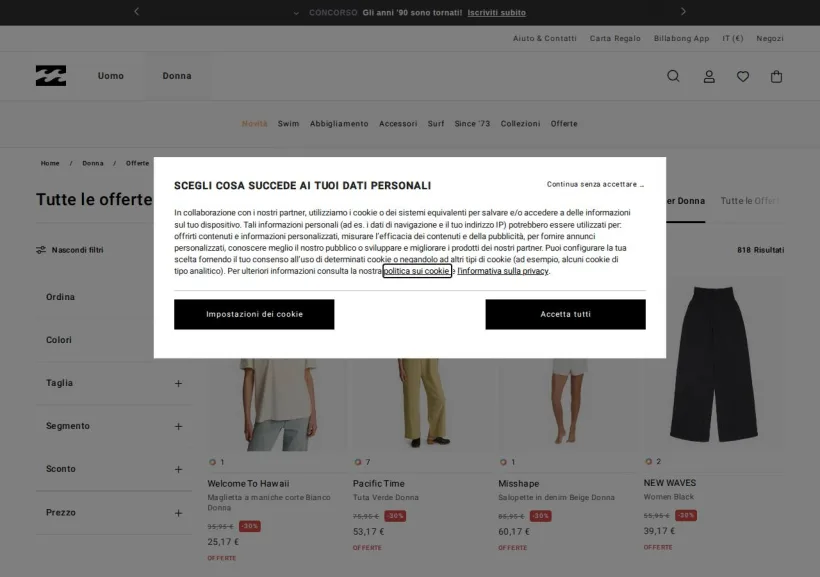 Schermata della pagina offerta di Billabong
