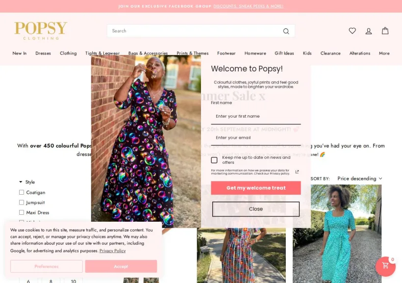 Schermata della pagina offerta di POPSY CLOTHING