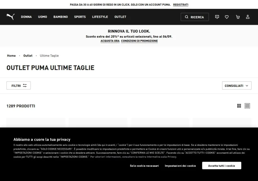 Schermata della pagina offerta di PUMA