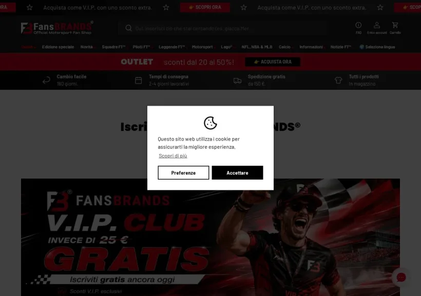 Schermata della pagina offerta di FansBRANDS