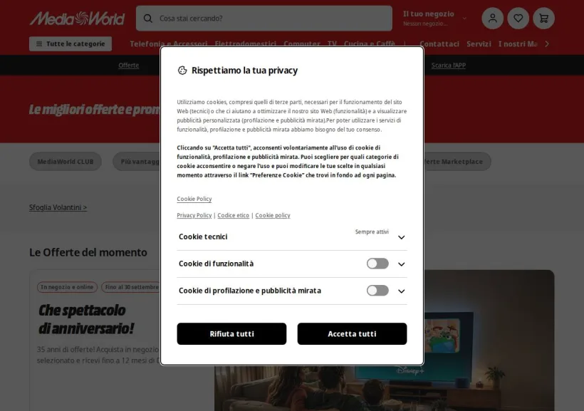 Schermata della pagina offerta di Mediaworld