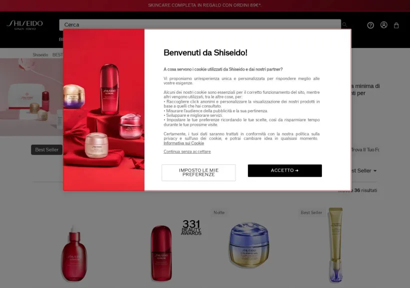 Schermata della pagina offerta di Shiseido