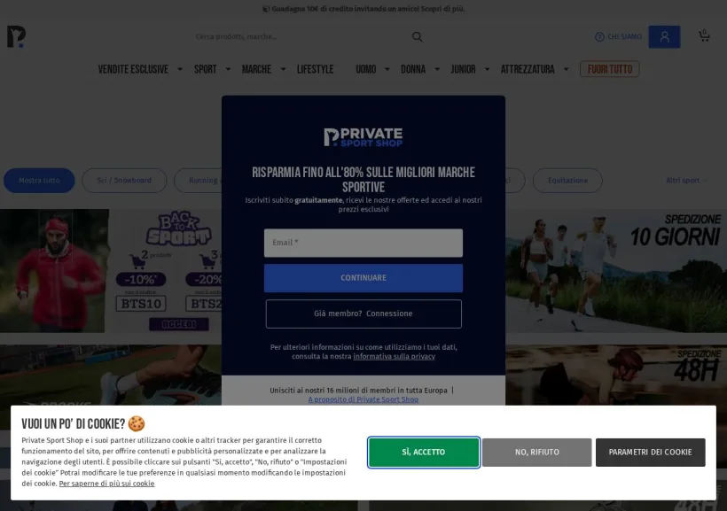 Schermata della pagina offerta di Private Sport Shop