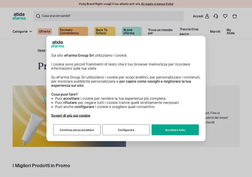 Schermata della pagina offerta di eFarma
