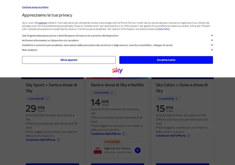 Schermata della pagina offerta di Sky Wifi