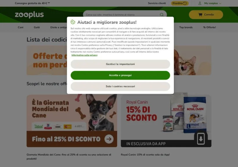 Schermata della pagina offerta di Zooplus
