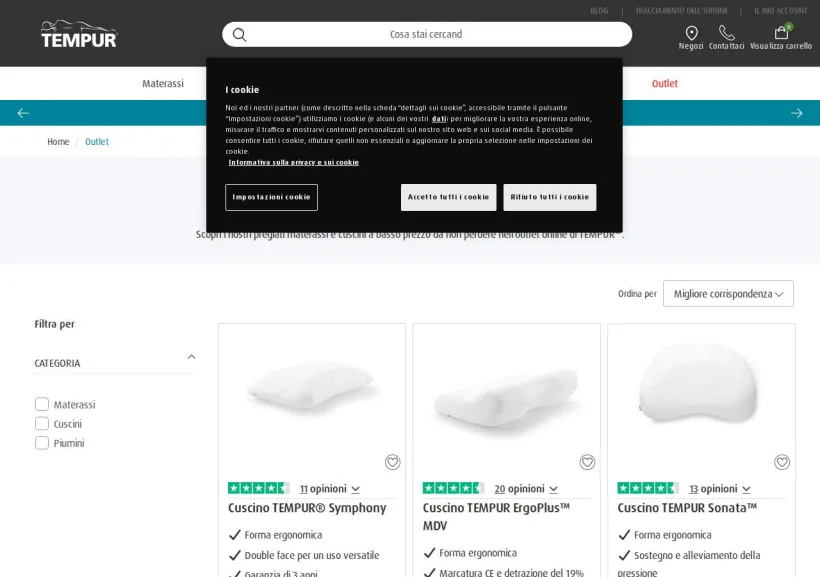 Schermata della pagina offerta di Tempur