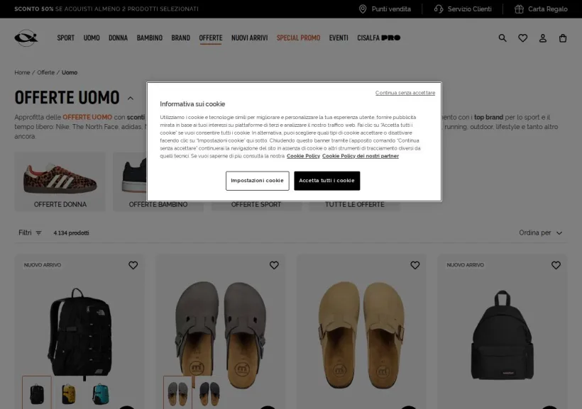 Schermata della pagina offerta di Cisalfa