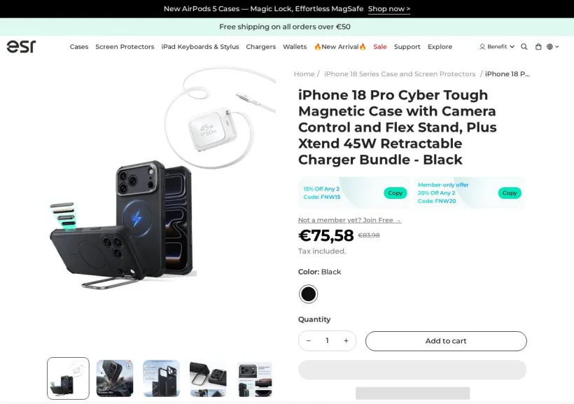 Schermata della pagina offerta di ESR Tech (EU)