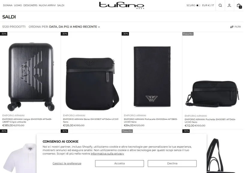 Schermata della pagina offerta di Tufano Moda