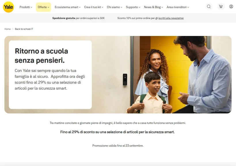 Schermata della pagina offerta di YaleHome