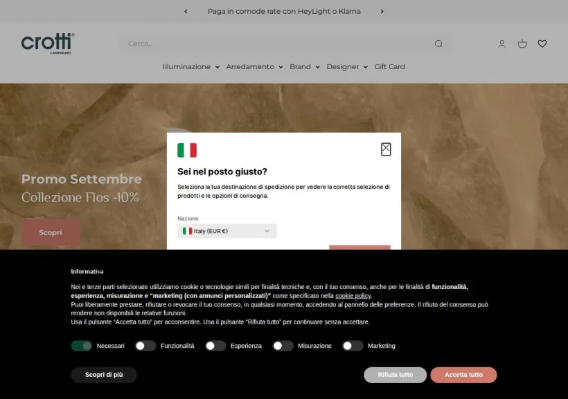 Schermata della pagina offerta di Crotti Lampadari