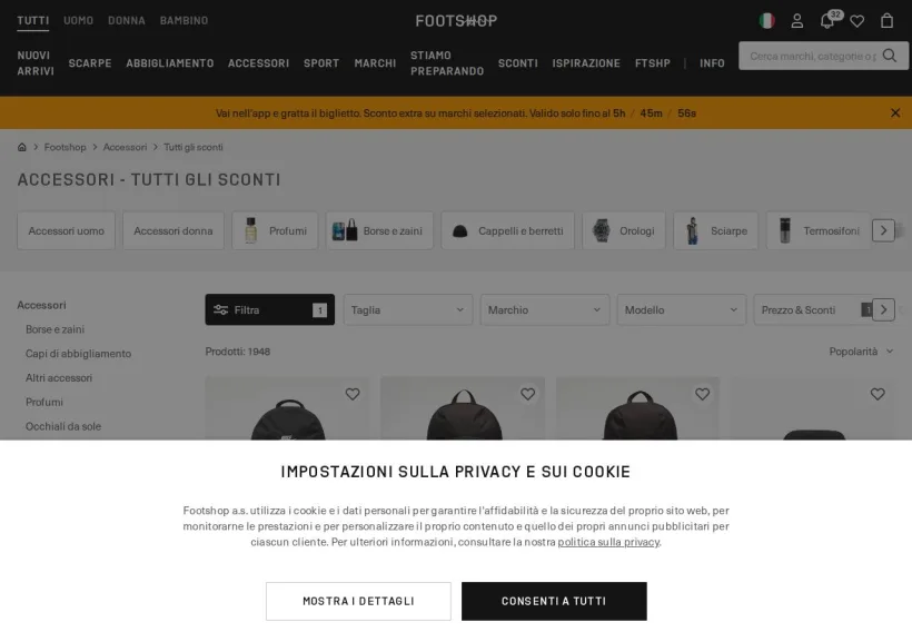 Schermata della pagina offerta di Footshop