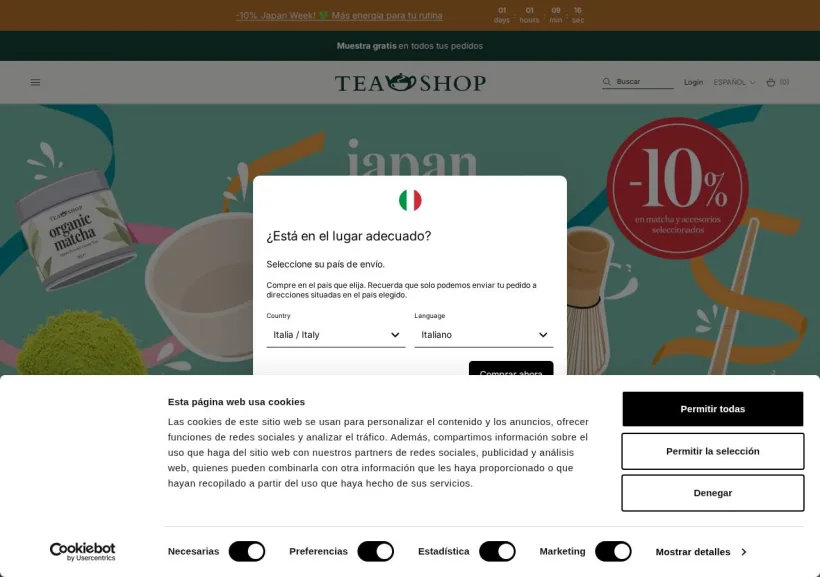 Schermata della pagina offerta di Tea Shop