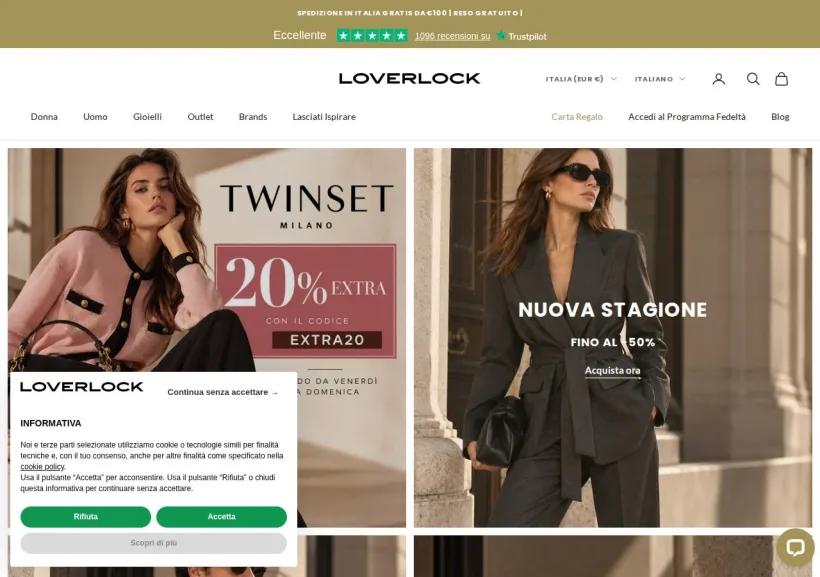 Schermata della pagina offerta di Loverlock boutique on line