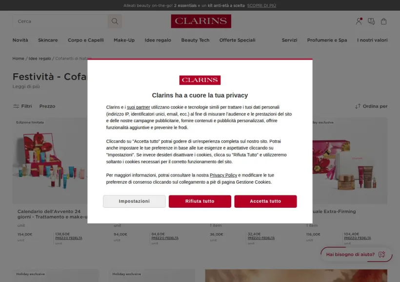 Schermata della pagina offerta di Clarins