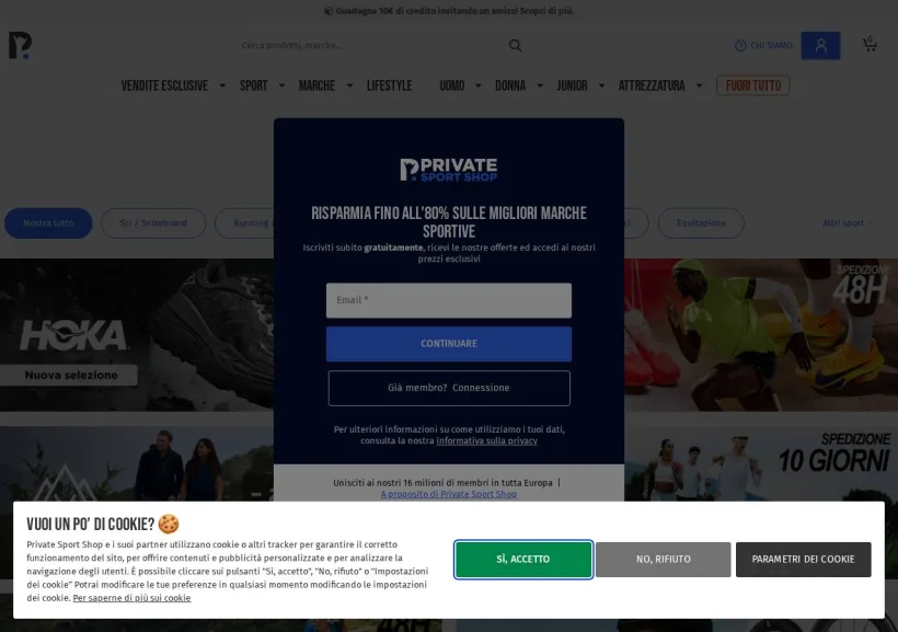 Schermata della pagina offerta di Private Sport Shop