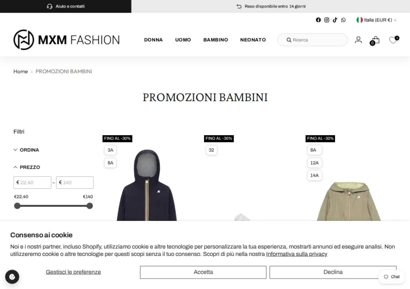 Schermata della pagina offerta di MXM Fashion