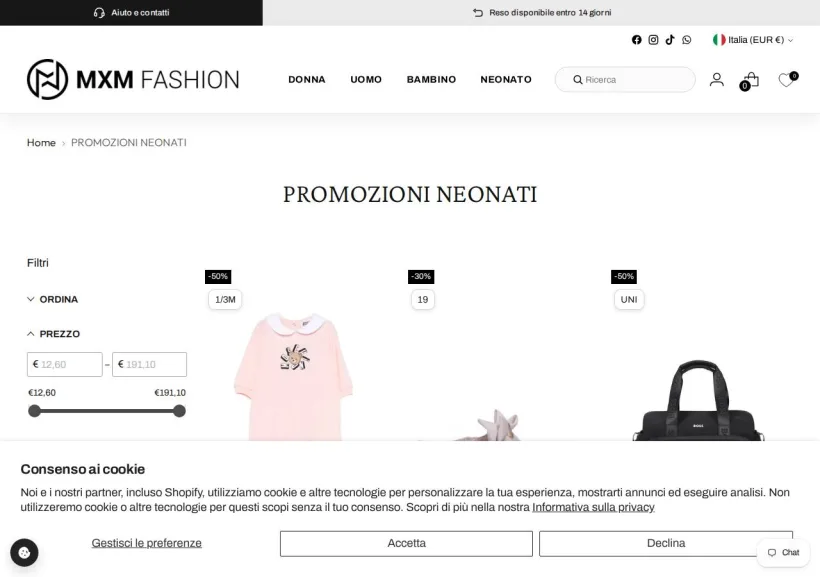 Schermata della pagina offerta di MXM Fashion