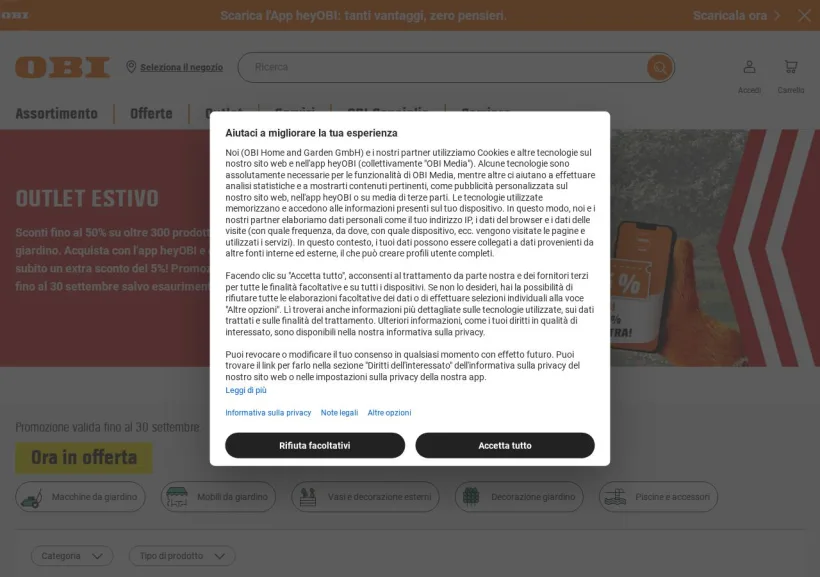 Schermata della pagina offerta di OBI