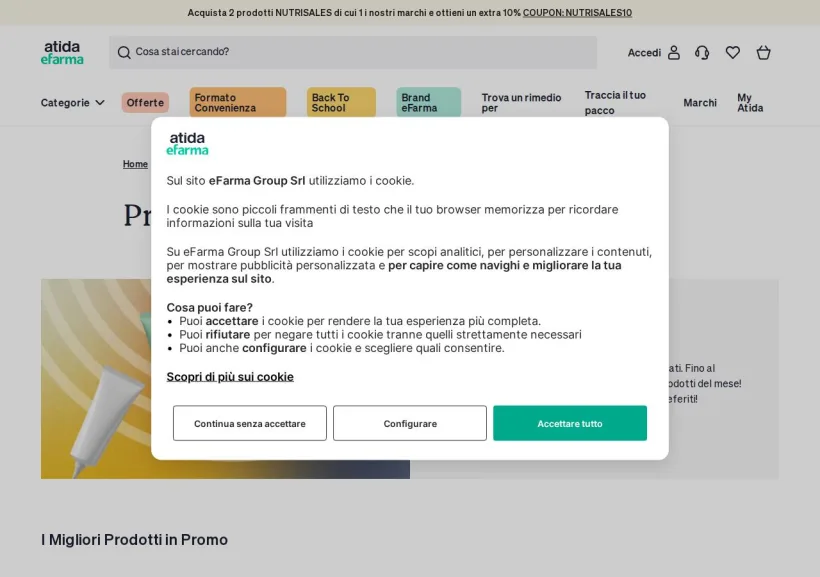 Schermata della pagina offerta di eFarma