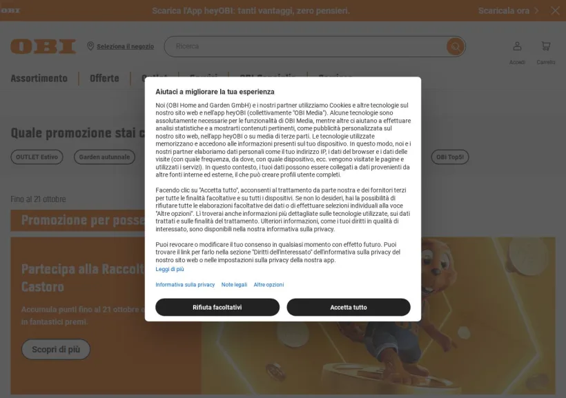 Schermata della pagina offerta di OBI