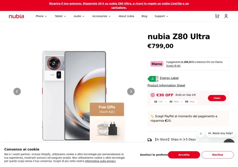 Schermata della pagina offerta di Nubia