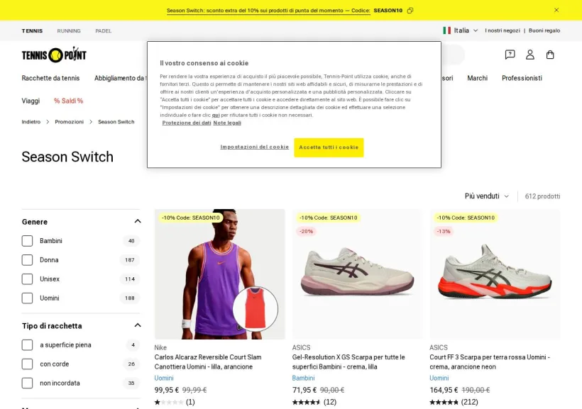 Schermata della pagina offerta di Tennis Point