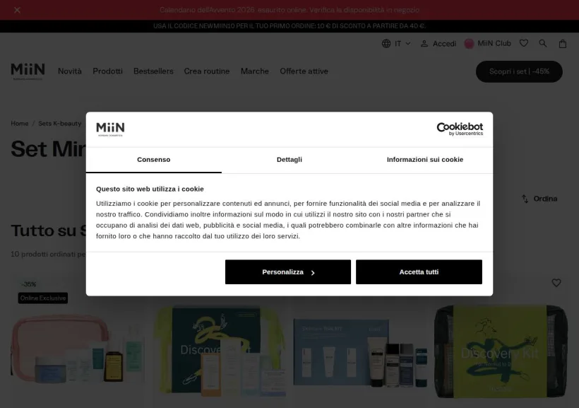 Schermata della pagina offerta di Miin Cosmetics