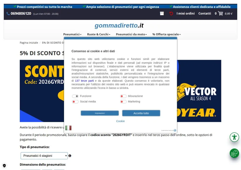 Schermata della pagina offerta di Gommadiretto