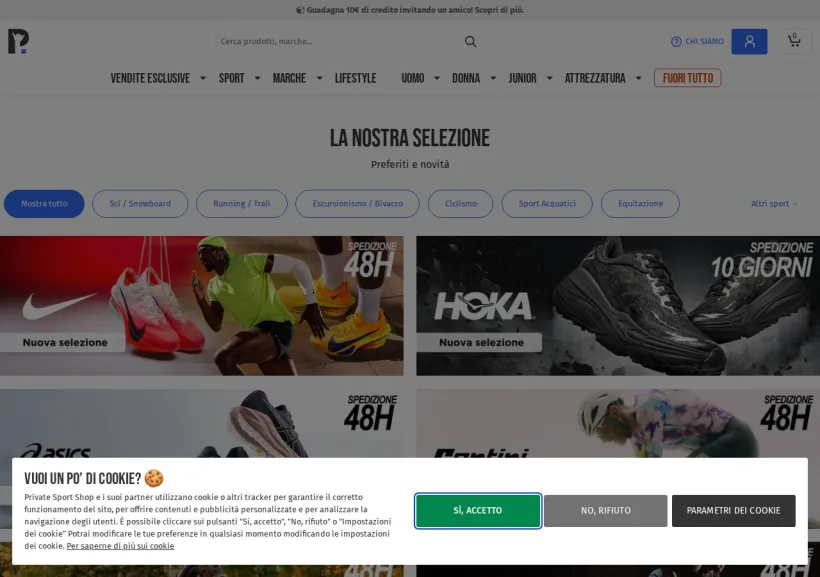 Schermata della pagina offerta di Private Sport Shop