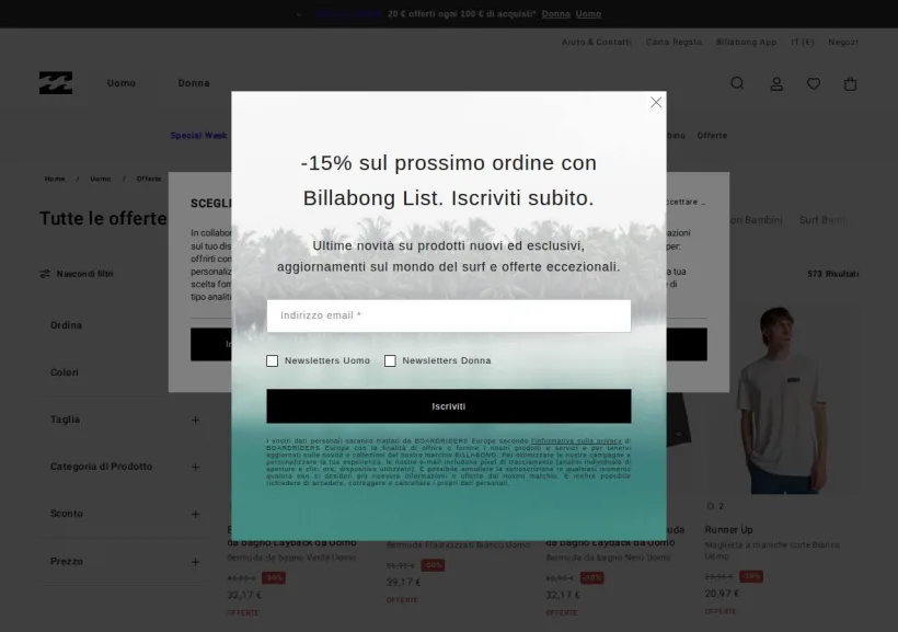 Schermata della pagina offerta di Billabong