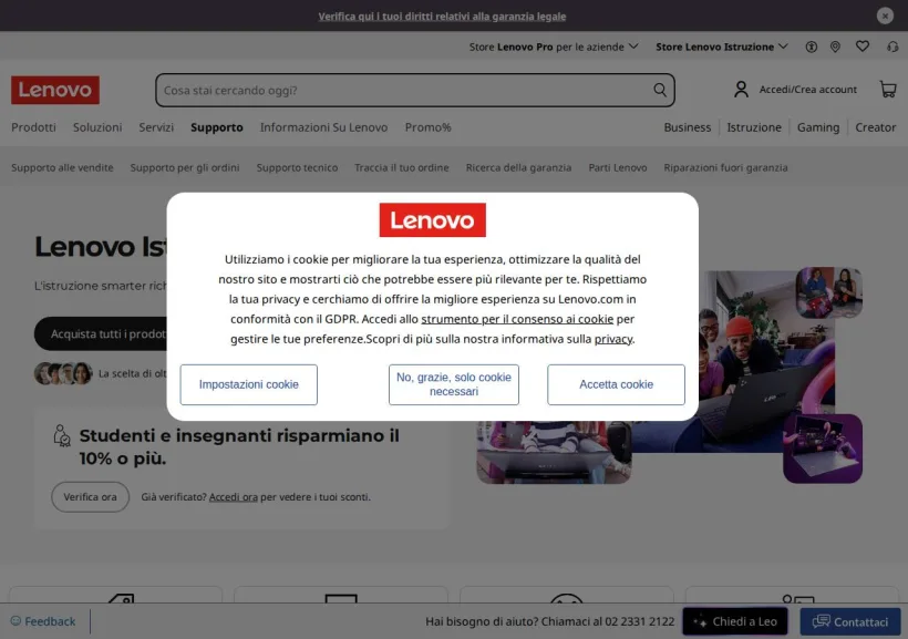 Schermata della pagina offerta di Lenovo