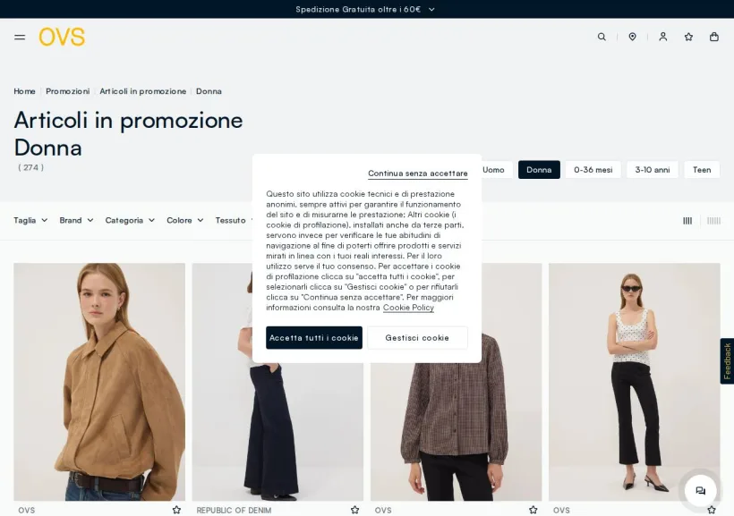 Schermata della pagina offerta di OVS