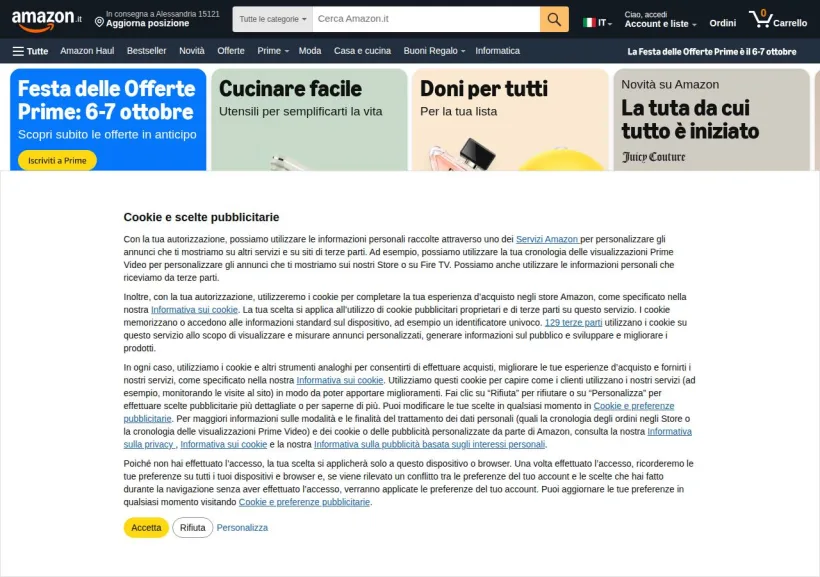 Schermata della pagina offerta di Amazon