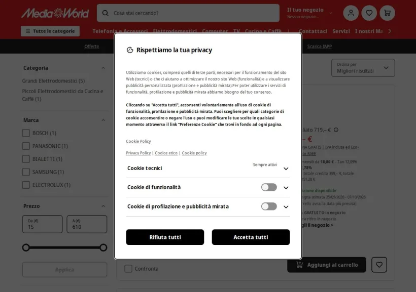 Schermata della pagina offerta di Mediaworld