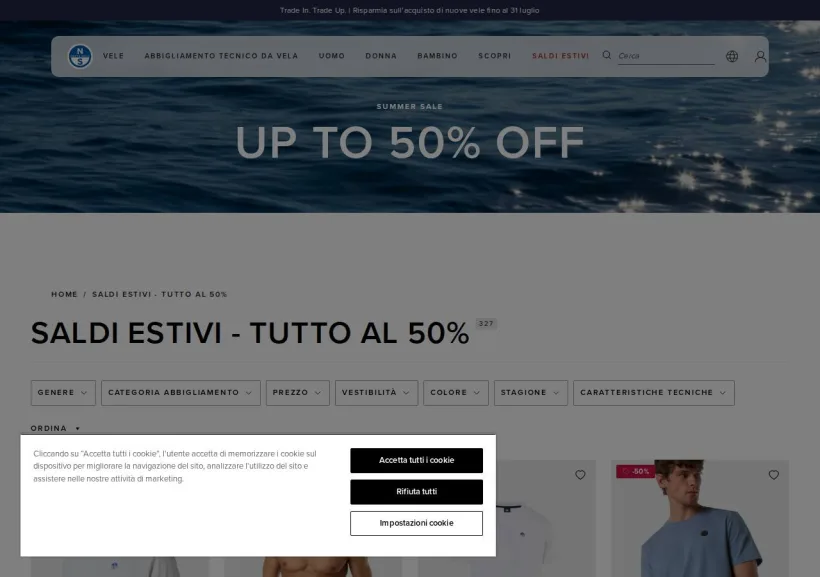 Schermata della pagina offerta di North Sails