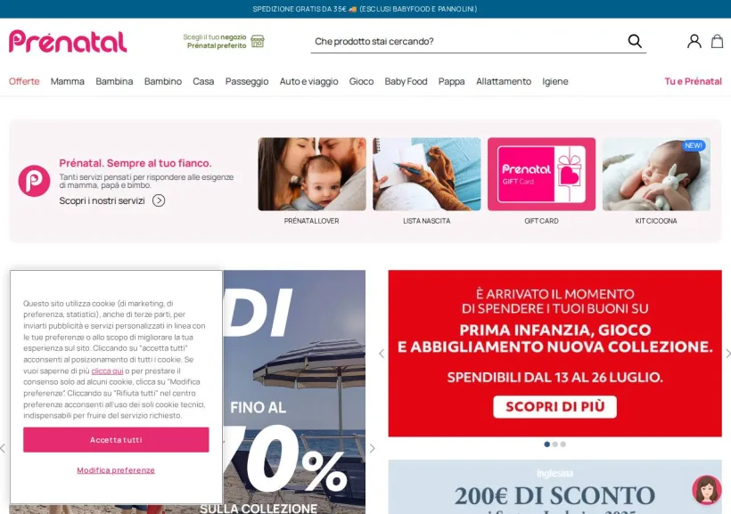 Schermata della pagina offerta di Prenatal