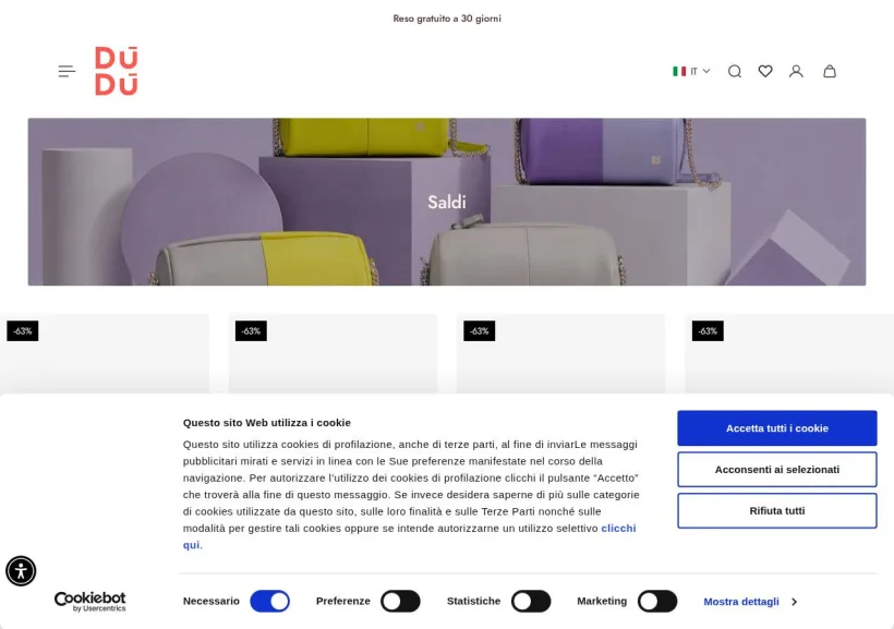 Schermata della pagina offerta di DuDuBags
