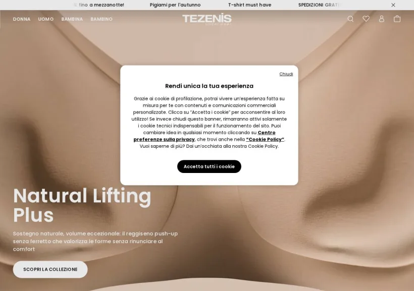 Schermata della pagina offerta di Tezenis